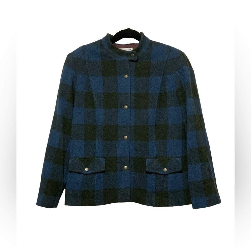 Pendleton Blazer Size M Jacket Virgin and Lamb Wool Lined Plaid Blue Black